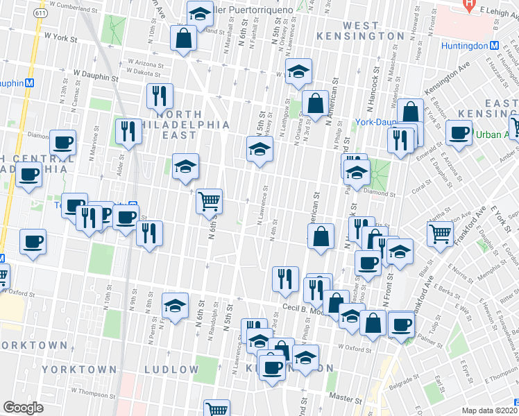 map of restaurants, bars, coffee shops, grocery stores, and more near 1937 North 5th Street in Philadelphia