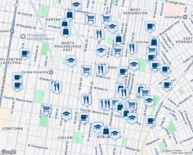 map of restaurants, bars, coffee shops, grocery stores, and more near 1937 North 5th Street in Philadelphia