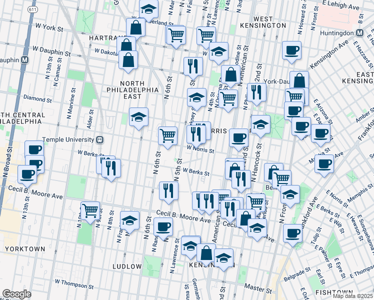map of restaurants, bars, coffee shops, grocery stores, and more near 1937 North 5th Street in Philadelphia