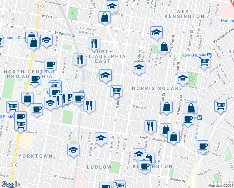 map of restaurants, bars, coffee shops, grocery stores, and more near 1930 North Marshall Street in Philadelphia