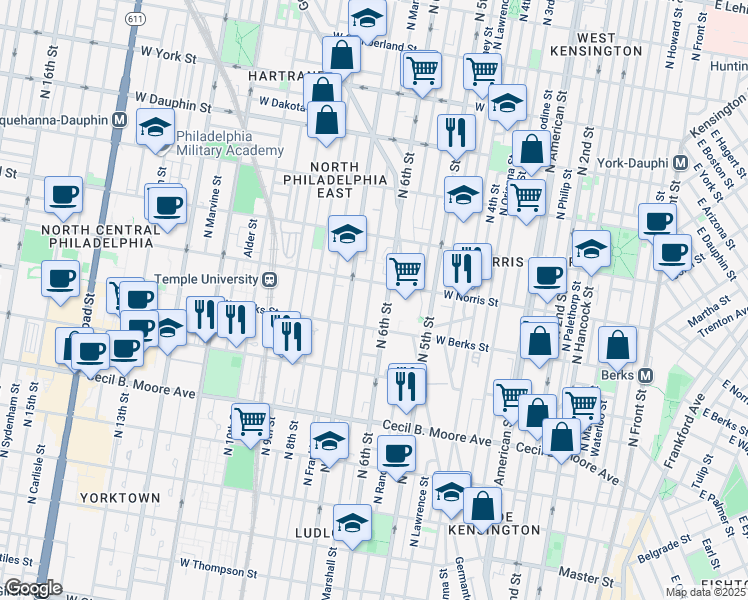 map of restaurants, bars, coffee shops, grocery stores, and more near 1930 North Marshall Street in Philadelphia