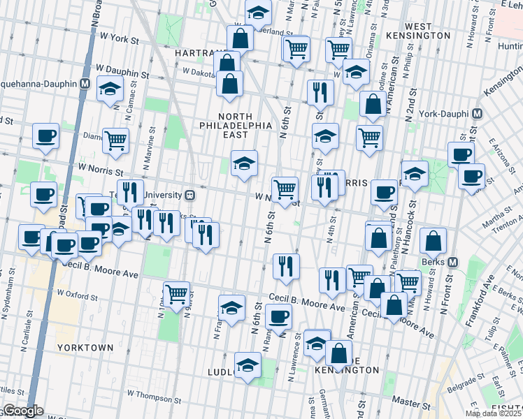 map of restaurants, bars, coffee shops, grocery stores, and more near 1930 North Marshall Street in Philadelphia