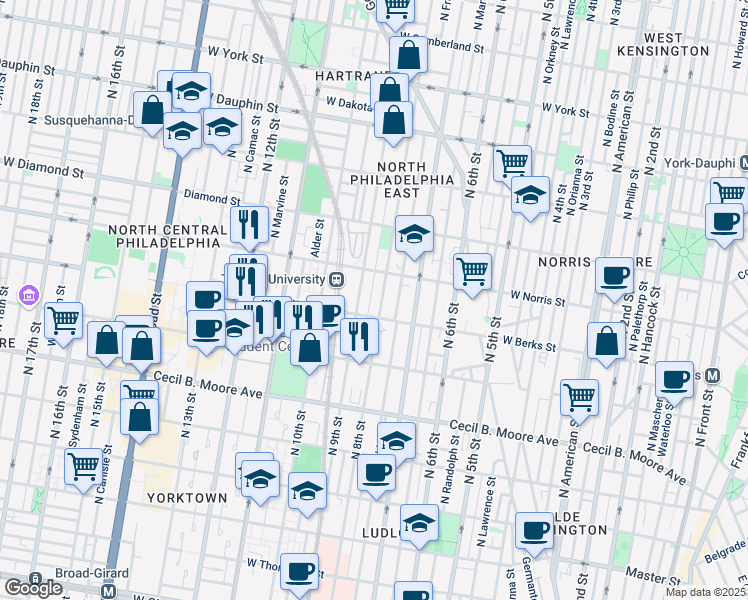 map of restaurants, bars, coffee shops, grocery stores, and more near in Philadelphia