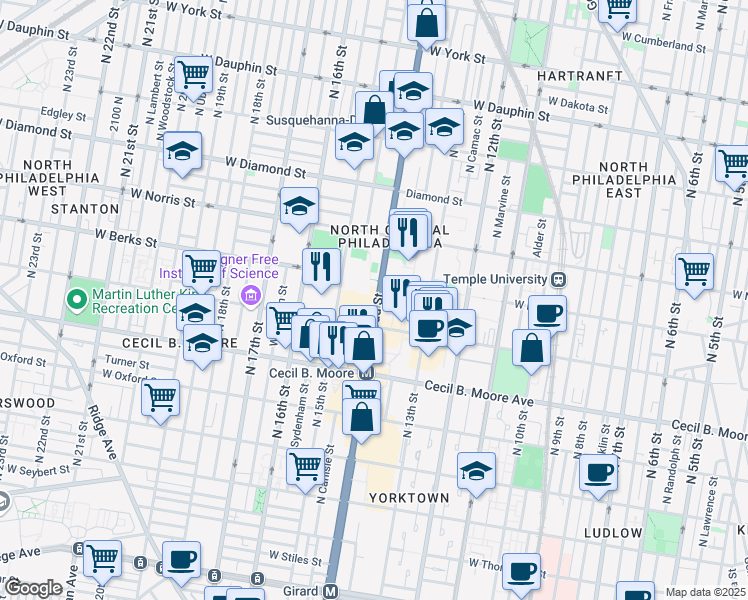 map of restaurants, bars, coffee shops, grocery stores, and more near 1822 North Broad Street in Philadelphia