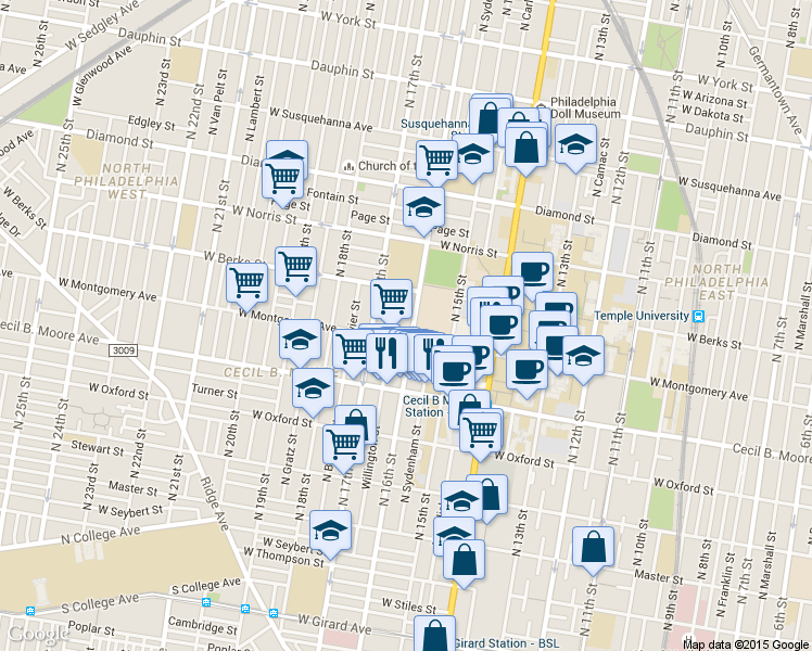 map of restaurants, bars, coffee shops, grocery stores, and more near 1813 North 16th Street in Philadelphia