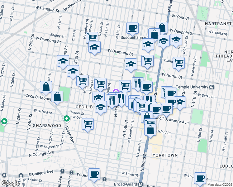 map of restaurants, bars, coffee shops, grocery stores, and more near 1725 West Montgomery Avenue in Philadelphia