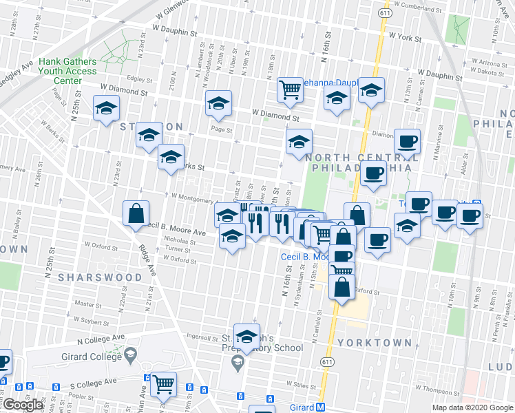 map of restaurants, bars, coffee shops, grocery stores, and more near 1731 West Montgomery Avenue in Philadelphia