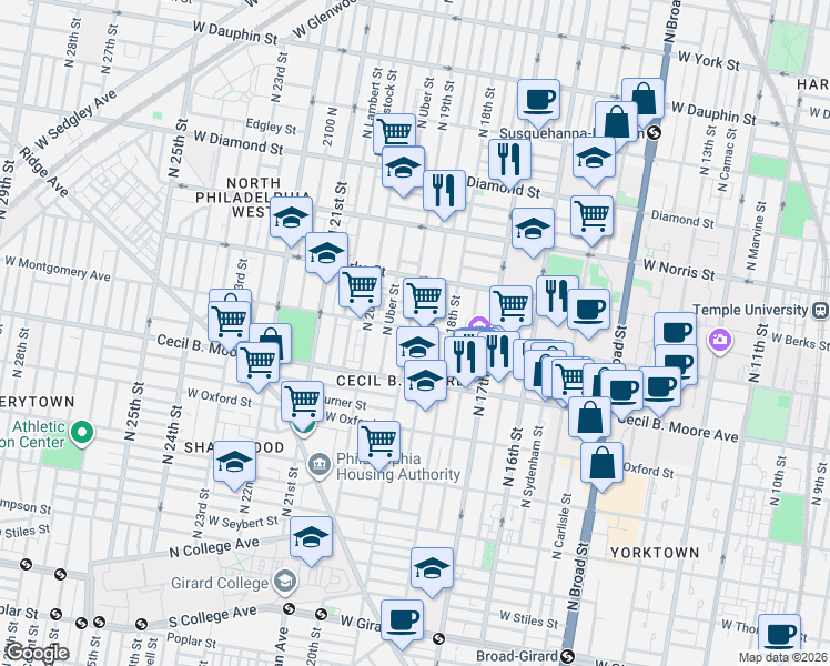 map of restaurants, bars, coffee shops, grocery stores, and more near 1830 West Montgomery Avenue in Philadelphia