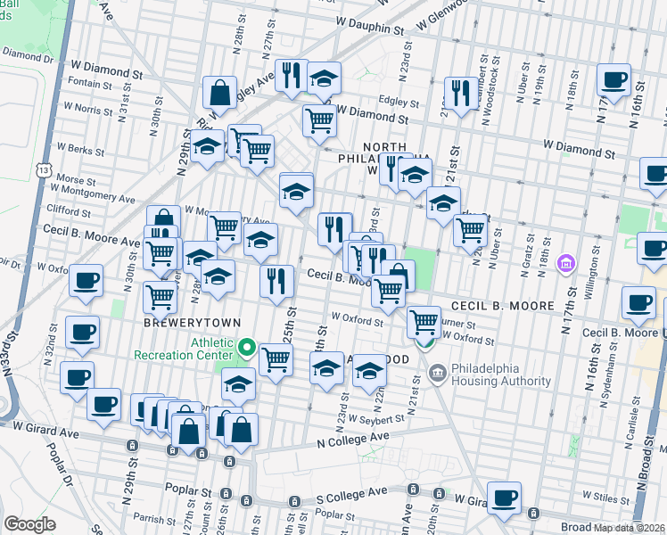map of restaurants, bars, coffee shops, grocery stores, and more near in Philadelphia