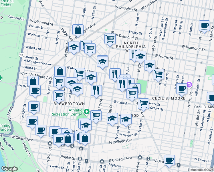 map of restaurants, bars, coffee shops, grocery stores, and more near 2435 Cecil B. Moore Avenue in Philadelphia