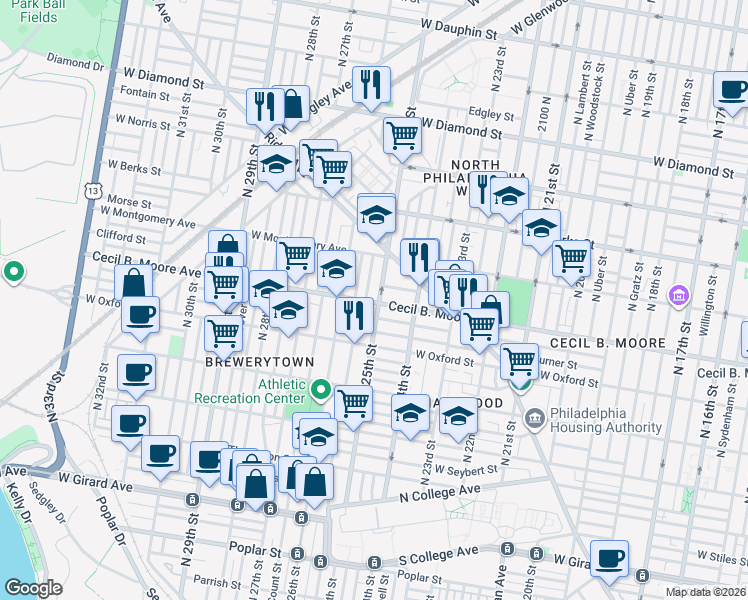map of restaurants, bars, coffee shops, grocery stores, and more near 2447 Cecil B. Moore Avenue in Philadelphia