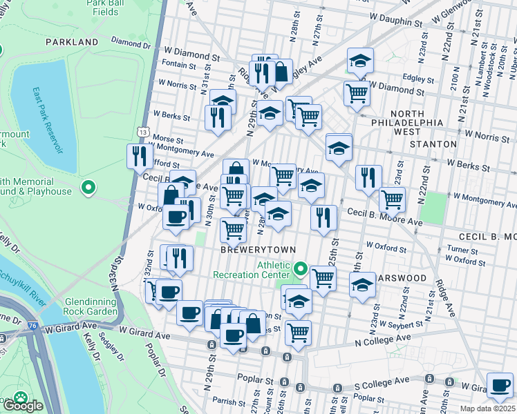 map of restaurants, bars, coffee shops, grocery stores, and more near 1637 North Newkirk Street in Philadelphia