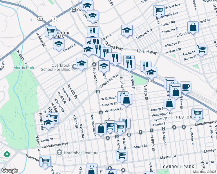 map of restaurants, bars, coffee shops, grocery stores, and more near 6137 West Columbia Avenue in Philadelphia