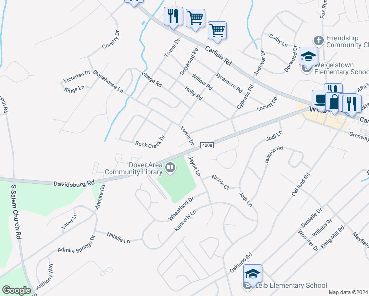 map of restaurants, bars, coffee shops, grocery stores, and more near 3721 Tiffany Drive in Dover
