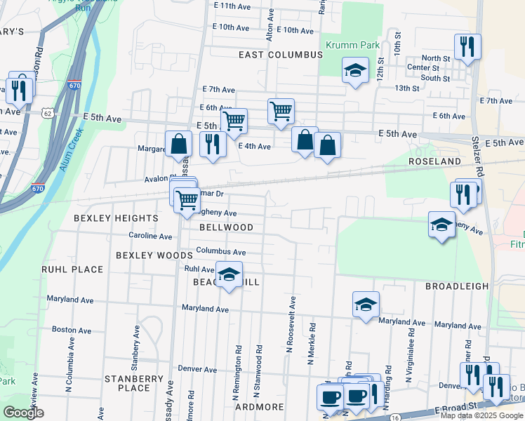 map of restaurants, bars, coffee shops, grocery stores, and more near 2820 Allegheny Avenue in Columbus