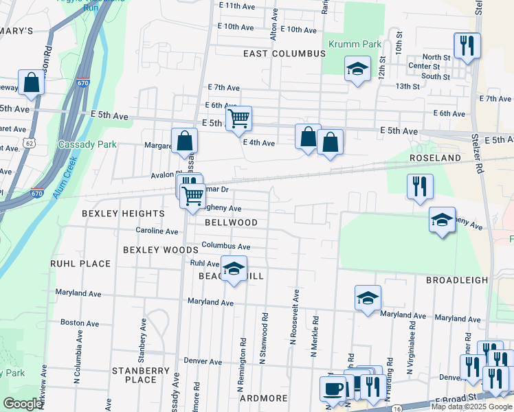 map of restaurants, bars, coffee shops, grocery stores, and more near 2820 Allegheny Avenue in Columbus