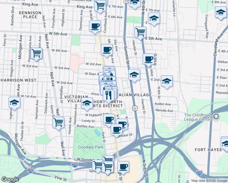 map of restaurants, bars, coffee shops, grocery stores, and more near 906 North High Street in Columbus