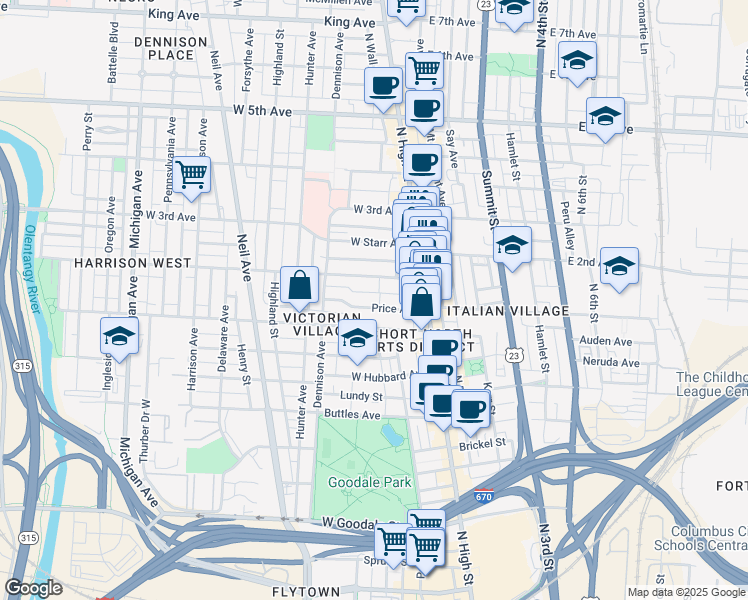 map of restaurants, bars, coffee shops, grocery stores, and more near 98 Price Avenue in Columbus
