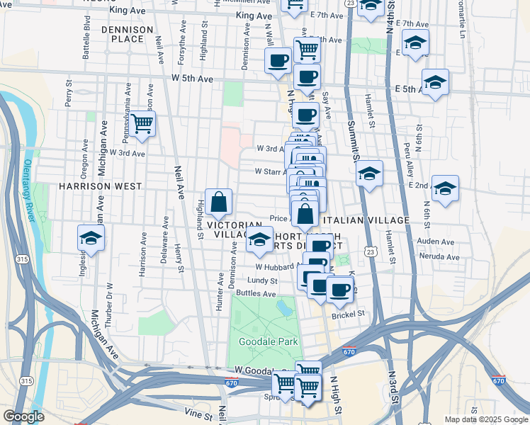 map of restaurants, bars, coffee shops, grocery stores, and more near 98 Price Avenue in Columbus