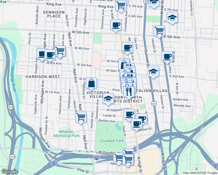 map of restaurants, bars, coffee shops, grocery stores, and more near 98 Price Avenue in Columbus