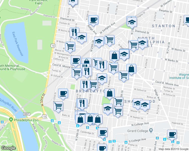 map of restaurants, bars, coffee shops, grocery stores, and more near 1637 North Newkirk Street in Philadelphia