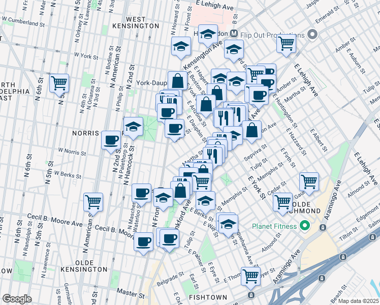 map of restaurants, bars, coffee shops, grocery stores, and more near 2100 East Susquehanna Avenue in Philadelphia