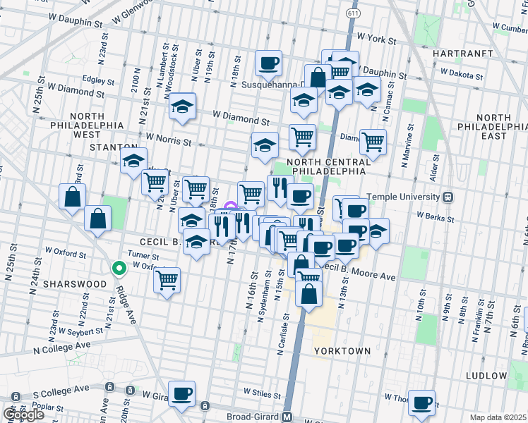 map of restaurants, bars, coffee shops, grocery stores, and more near 1814 North 16th Street in Philadelphia