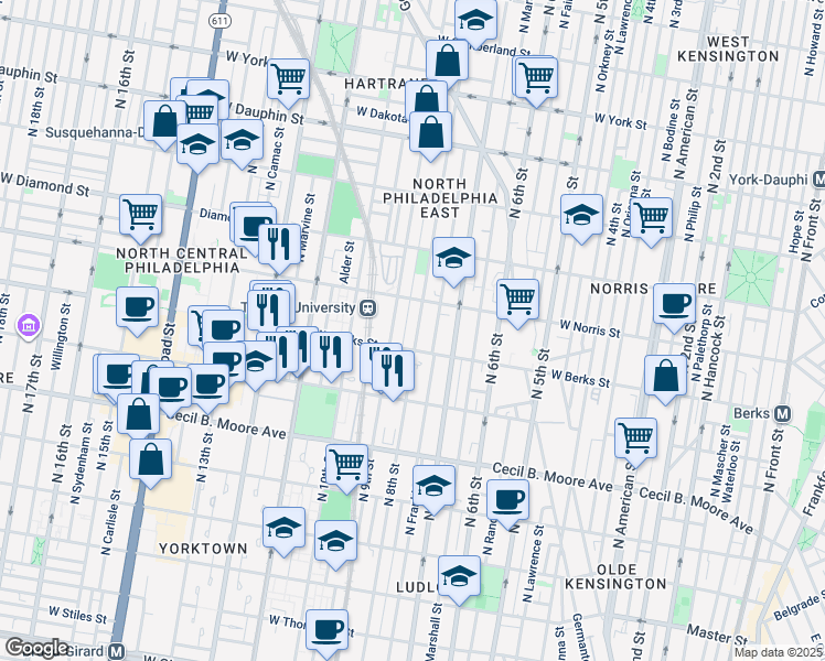 map of restaurants, bars, coffee shops, grocery stores, and more near 1922 North 8th Street in Philadelphia