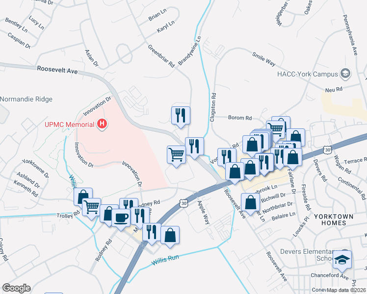 map of restaurants, bars, coffee shops, grocery stores, and more near 1506 Roosevelt Avenue in York