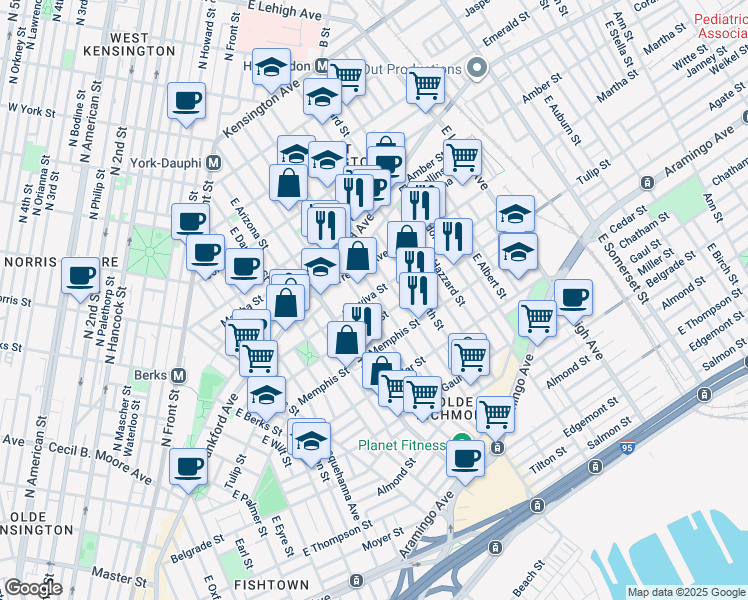 map of restaurants, bars, coffee shops, grocery stores, and more near 2453 Sepviva Street in Philadelphia