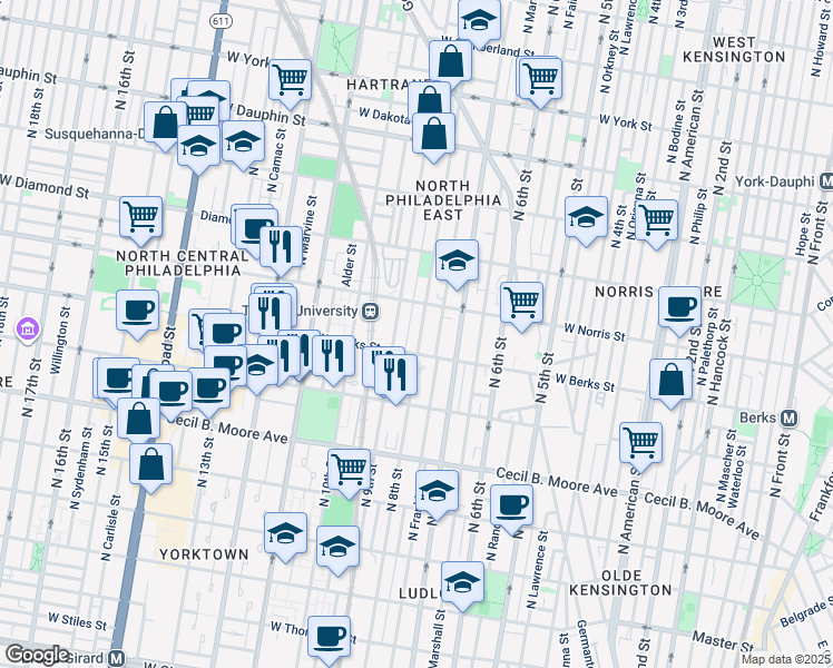 map of restaurants, bars, coffee shops, grocery stores, and more near 1922 North 8th Street in Philadelphia