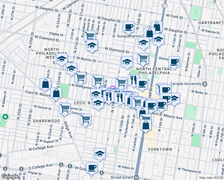 map of restaurants, bars, coffee shops, grocery stores, and more near 1715 West Montgomery Avenue in Philadelphia