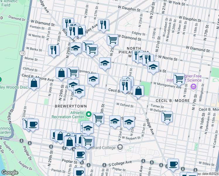map of restaurants, bars, coffee shops, grocery stores, and more near 2435 Cecil B. Moore Avenue in Philadelphia
