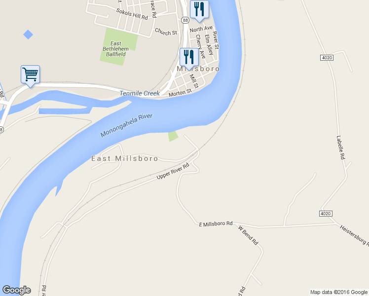 map of restaurants, bars, coffee shops, grocery stores, and more near 100 River Road in Rices Landing