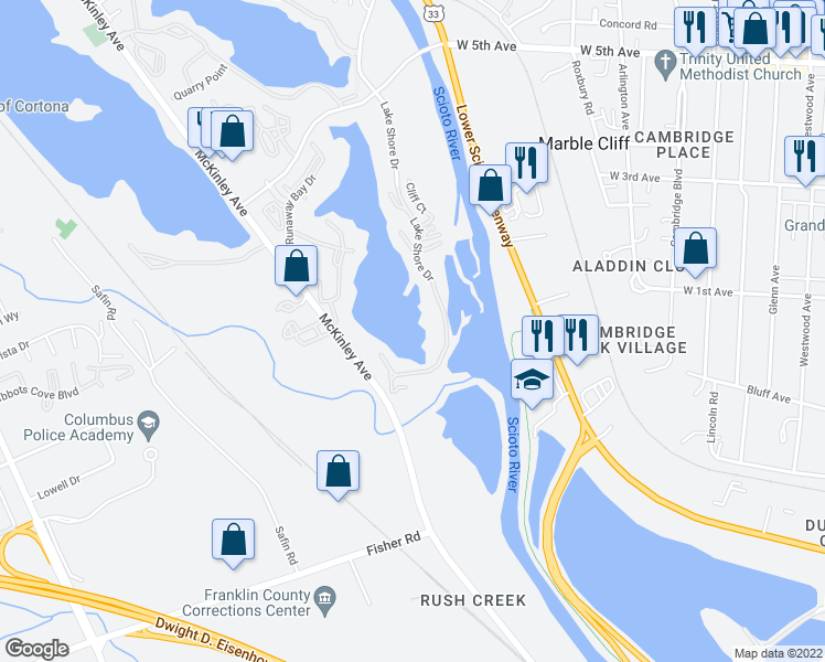 map of restaurants, bars, coffee shops, grocery stores, and more near 1259 Lake Shore Drive in Columbus
