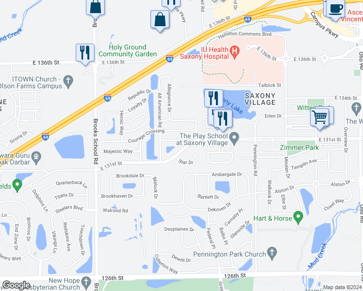 map of restaurants, bars, coffee shops, grocery stores, and more near 12921 Freedom Drive in Fishers