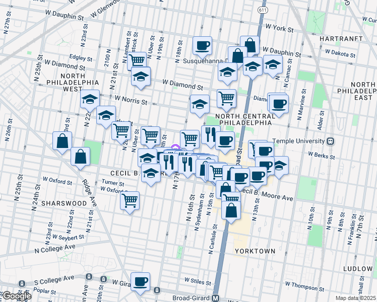 map of restaurants, bars, coffee shops, grocery stores, and more near 1824 North Willington Street in Philadelphia