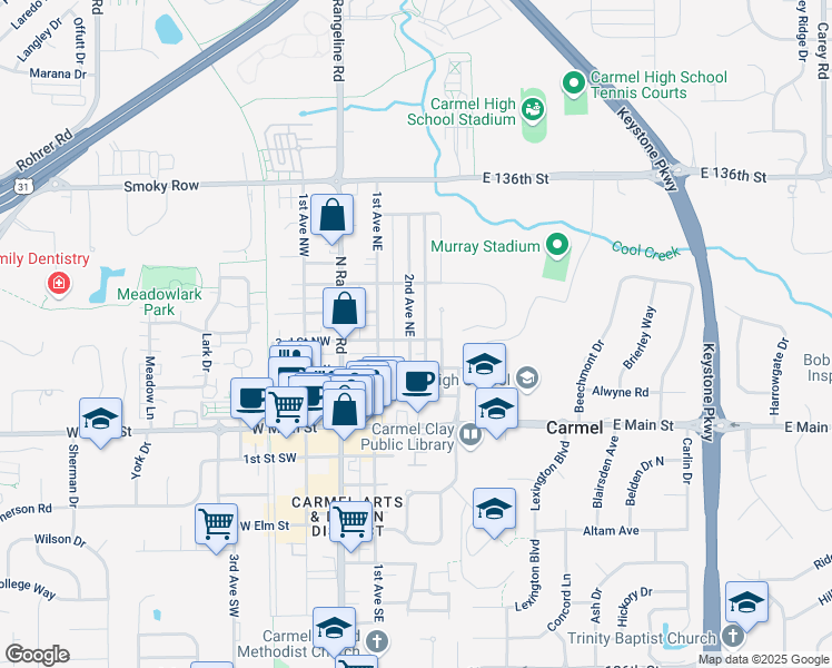 map of restaurants, bars, coffee shops, grocery stores, and more near 311 2nd Avenue Northeast in Carmel