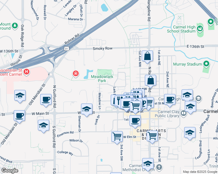 map of restaurants, bars, coffee shops, grocery stores, and more near 427 Parkview Place in Carmel