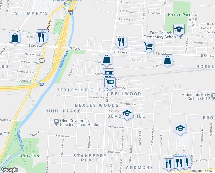 map of restaurants, bars, coffee shops, grocery stores, and more near N Cassady Ave & Allegheny Ave in Bexley