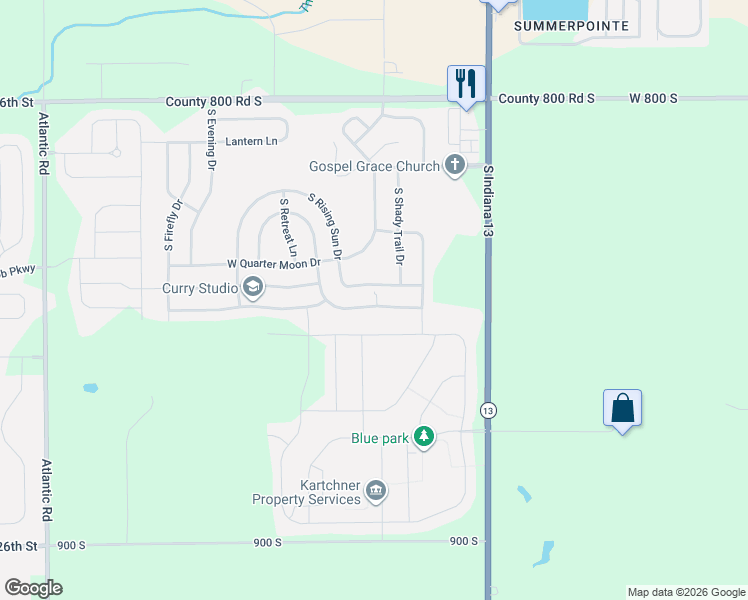 map of restaurants, bars, coffee shops, grocery stores, and more near 9258 West Swimming Hole Lane in Pendleton