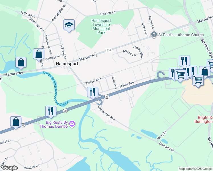 map of restaurants, bars, coffee shops, grocery stores, and more near 210 Royal Avenue in Hainesport