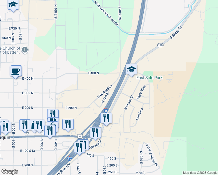 map of restaurants, bars, coffee shops, grocery stores, and more near 257 North 700 East in Santaquin