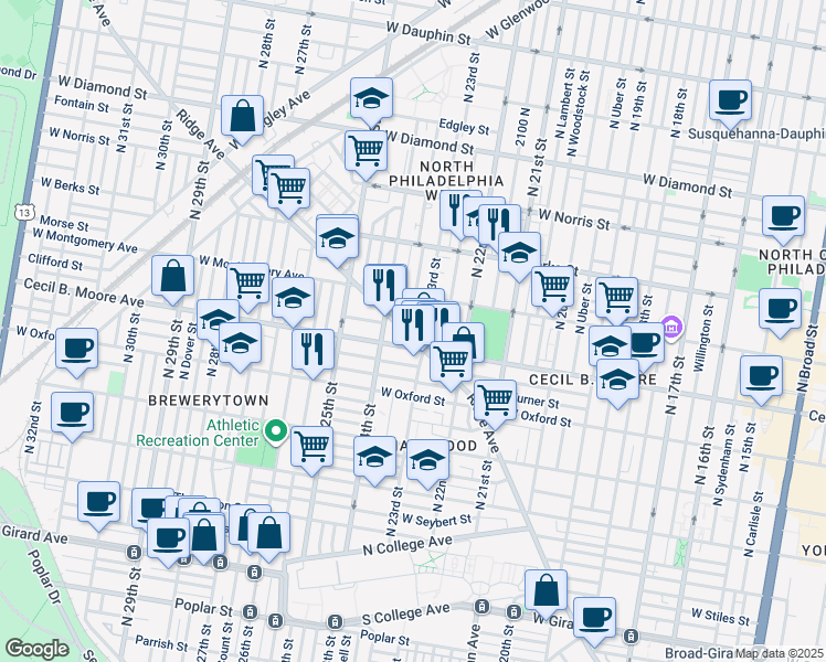 map of restaurants, bars, coffee shops, grocery stores, and more near 2315 Ridge Avenue in Philadelphia