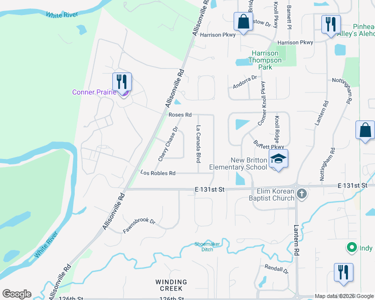 map of restaurants, bars, coffee shops, grocery stores, and more near 13225 Carthay Circle in Fishers
