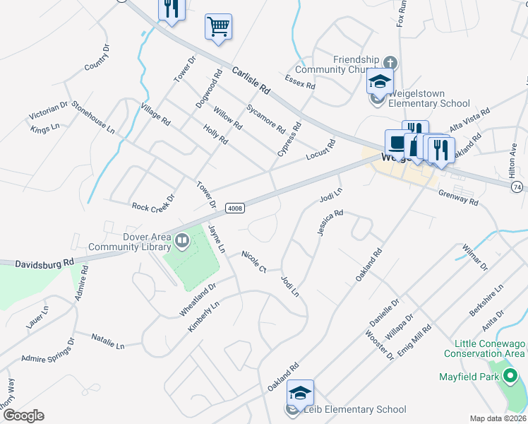 map of restaurants, bars, coffee shops, grocery stores, and more near 3170 Cypress Road South in Dover