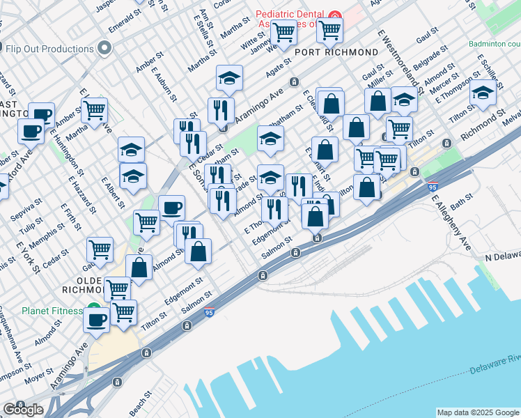 map of restaurants, bars, coffee shops, grocery stores, and more near 2616 East Cambria Street in Philadelphia