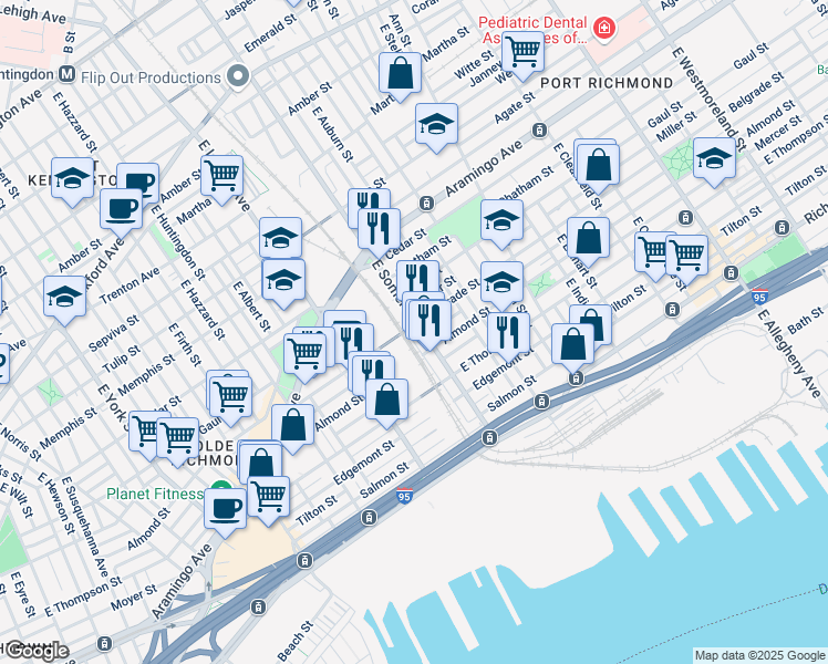map of restaurants, bars, coffee shops, grocery stores, and more near 2541 East Seltzer Street in Philadelphia