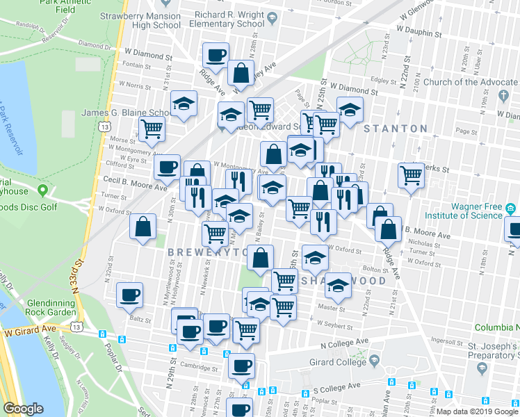 map of restaurants, bars, coffee shops, grocery stores, and more near 2622 Cecil B. Moore Avenue in Philadelphia
