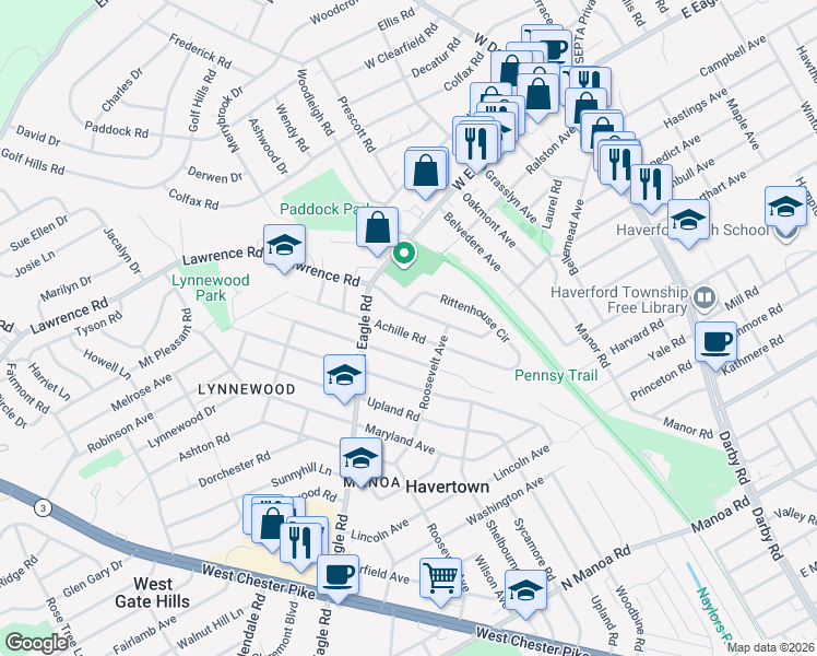 map of restaurants, bars, coffee shops, grocery stores, and more near 529 Achille Road in Havertown